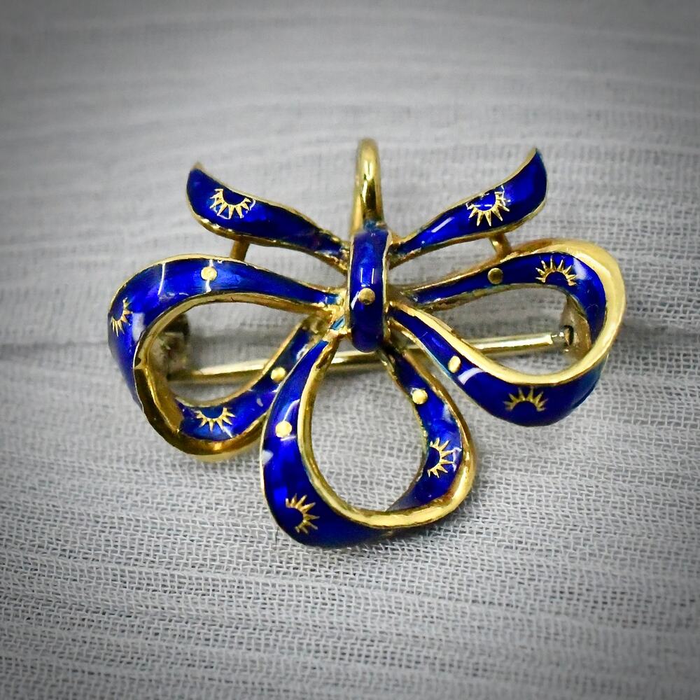 Vintage Italian 18K Yellow Gold Cobalt Blue Enamel Ribbon Bow Brooch Pin 3.76g